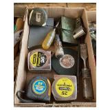 Box Lot of Assorted Hand Tools Including Stanley Tape Measures, Drill Index, and Chisel