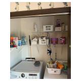 Assorted Laundry Room Storage Lot with Shelving Organizers, Cleaning Supplies, and Household Goods