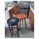 Set of Two Bar Stools Including Wood Swivel Chair and Padded Round Stool