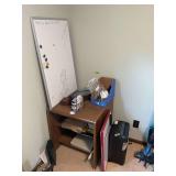 Office Desk with Shredder, Whiteboard, and Assorted Supplies