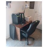 Wooden Desk with Rolling Office Chair and Desk Contents Lot