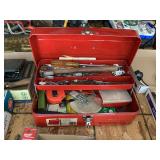 Red Metal Cantilever Toolbox with Assorted Hand Tools and Hardware