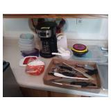 Kitchenware Assortment Including Mr. Coffee Maker, Utensils, and Storage Containers