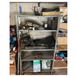 Metal Storage Shelf Unit with Contents Including Leaf Blower, Sump Pump, and Electrical Cords