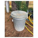 Metal Trash Can with Lid and Blue Sign Letters Lot