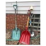 Assorted Shovels, Scoops, and Metal Plant Stand Lot