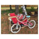 Lot of Miscellaneous Outdoor Equipment Including Wooden Sleigh, Bicycle, Truck Bed Mat, and Barrels