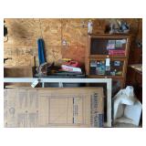 Lot of Shop and Garage Items Including Bookcase, Gate Kit, Urinal, and Shoe Shine Box