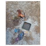 Metal Yard Art Assortment Including Rooster Tricycle Sculpture and Hanging Basket