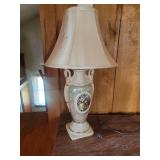 Ceramic Figural Table Lamp with Courtship Scene Medallion and Swan Handles