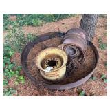 Assorted Metal Tractor Rims, Chain, and Birdhouse in Ring