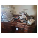 Wooden Executive Desk with Multiple Drawers and Assorted Desktop Accessories