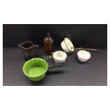 Graniteware Pot, Cups, Brown Glass Bottle, Brown