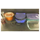 Pyrex Baking Dishes, Stone Ware Crock, Vase Slow