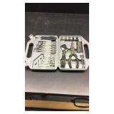 Tool set, cast iron pot, log chain, metal crate