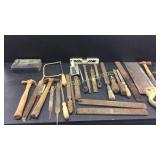 Saw, hammers, old first aid tin and misc tools