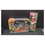 Play-doh workshop, cow lamp, Barbie, trash can,