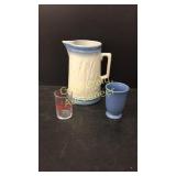 Stoneware pitcher, 2 small stoneware bowls,