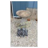 Concrete bird bath and assorted yard ornaments