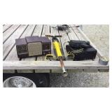 Vintage clock radio, camcorder and pogo stick