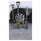 2 spades, garden rake and potato fork