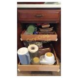 Cabinet with bakeware, pitchers, breadbox, blender