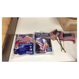 2 US flags, basket, small flags crutches, cooler
