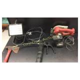 Tool Shop 18v Battery Saw, Grease Gun, Ax, Light