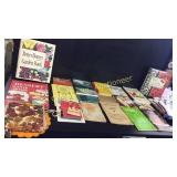 Assorted cookbooks, pot holders and Hot pad hands