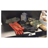 Enamel coffee pot, camping shovel, boot liners, 2