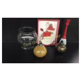 Fish bowl, bud vases, Christmas decor, picture