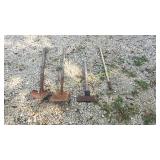 3 tine fork, double headed axe, 2 shovels