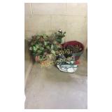Basket of pinecones, little bag of garden tools,