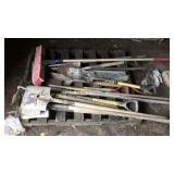 Assortment Of Shovels, Brooms, Spades,