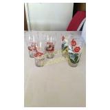 (3) Coca Cola Santa Glasses, (2) Flower Glasses