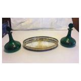Silver Plated Tray 2 Green Decanters