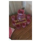 Pink Pitcher and 6 Juice Cups (1 ONE IS CHIPPED)