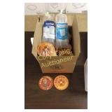 Sun dog Beer Coasters and plastic shot glasses