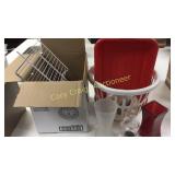 Plastic tub, basket, wire racks 2 vases, plate,