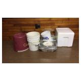 Buckets, wire racks, styrofoam cooler, aluminum