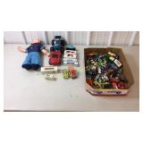 Plastic and metal cars, pop eye the doll