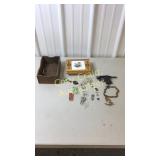 Cap gun, shirt pens, jewelry box, wood box