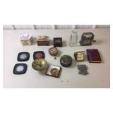 4 music boxes, coin coasters, old jar, clock, d