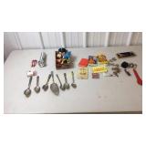 Spoons, mini candle holders, wood box with