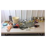 Japanese items, robot dinosaur, bucket of golf