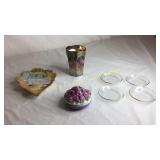 Carnival Glass Tumbler, PORCELAIN jewelry box,