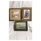 (3) framed pictures. Park with bridge, indian,