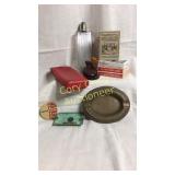 Flask with red leather carrier, playing cards,