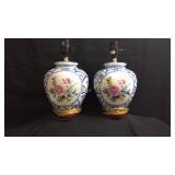 (2) Matching ginger jar lamps, roses and other