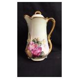 Hand painted coffee pot with heavy gold handle &